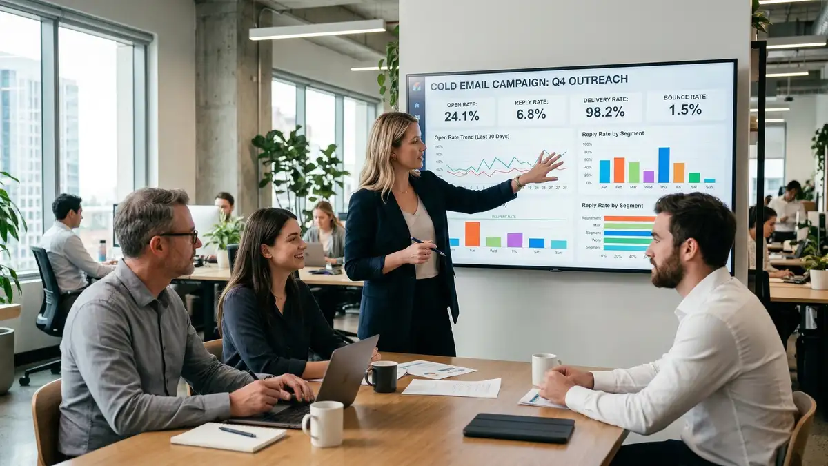 B2B cold email outreach analytics dashboard displaying reply rates and conversion metrics for campaign optimization