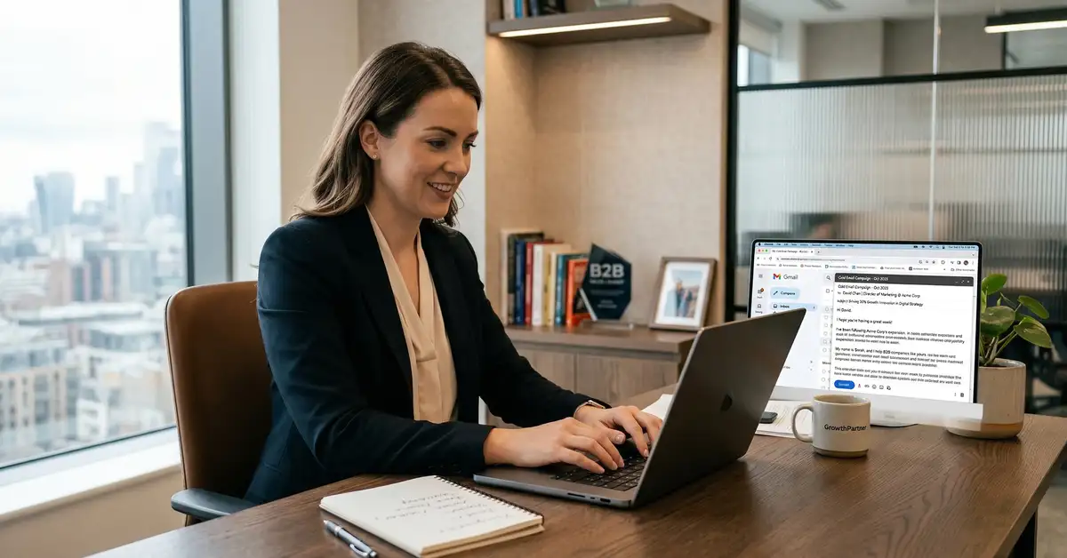 Complete guide to B2B cold email outreach in 2026 showing strategic email campaign dashboard with personalization and multi-channel integration