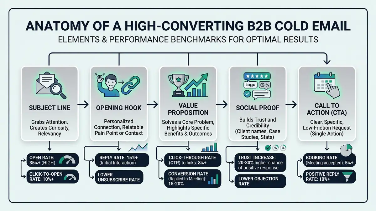 Infographic showing cold email outreach multi-channel strategy with email LinkedIn and phone touchpoint sequence and response rates