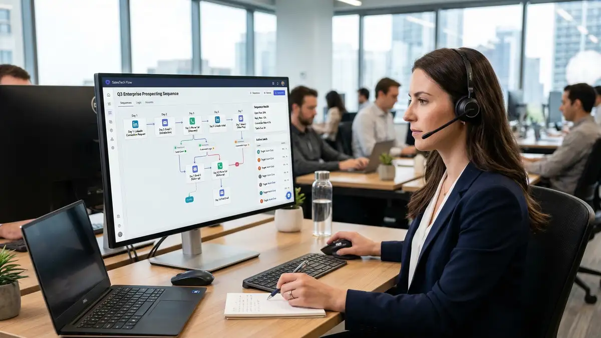 B2B sales professional managing cold email outreach campaign with multi-channel dashboard showing email and LinkedIn sequences