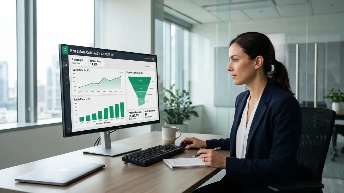B2B sales professional reviewing cold email outreach campaign analytics dashboard showing reply rates and pipeline metrics