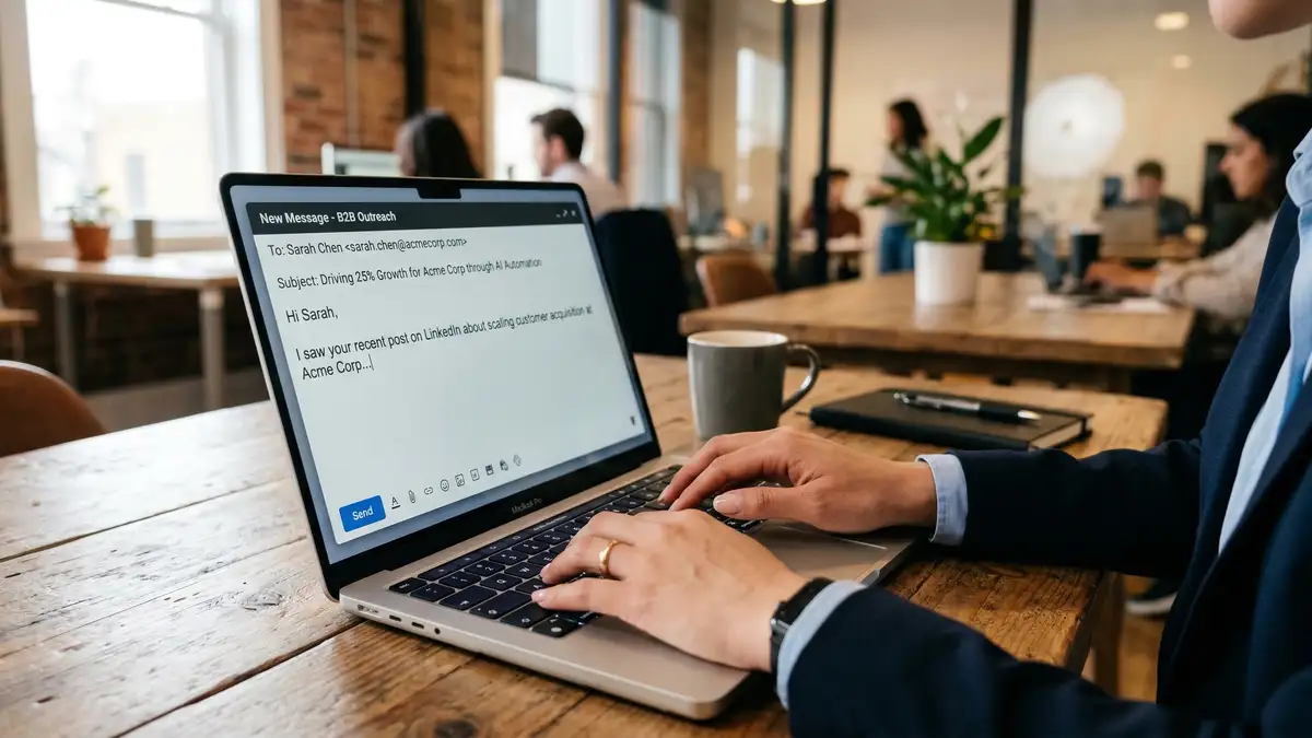 Business professional composing personalized cold email outreach message on laptop for B2B pipeline generation