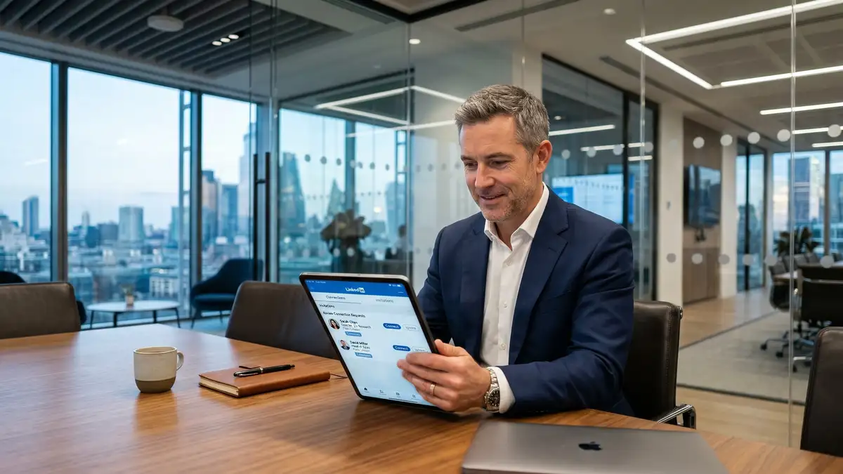 Executive reviewing LinkedIn outreach messages and professional connection requests on tablet device