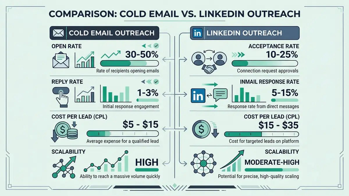 Infographic comparing cold email outreach versus LinkedIn outreach cost per lead and performance metrics for B2B pipeline