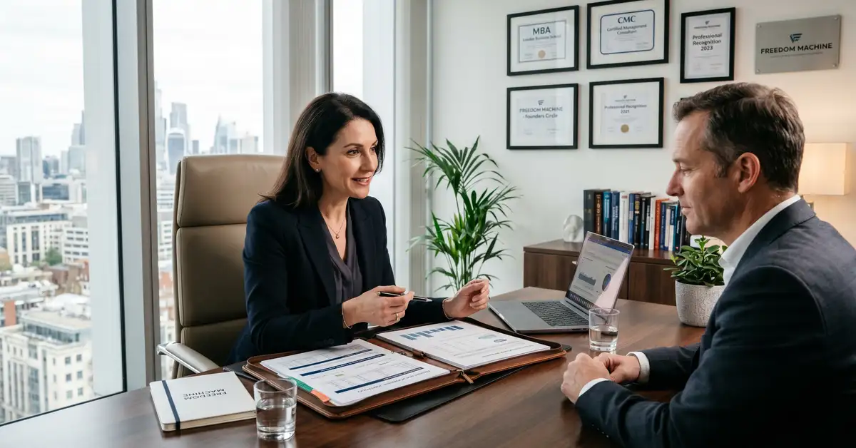 Consultant reviewing client engagement portfolio with recurring retainer arrangements at premium fee tiers
