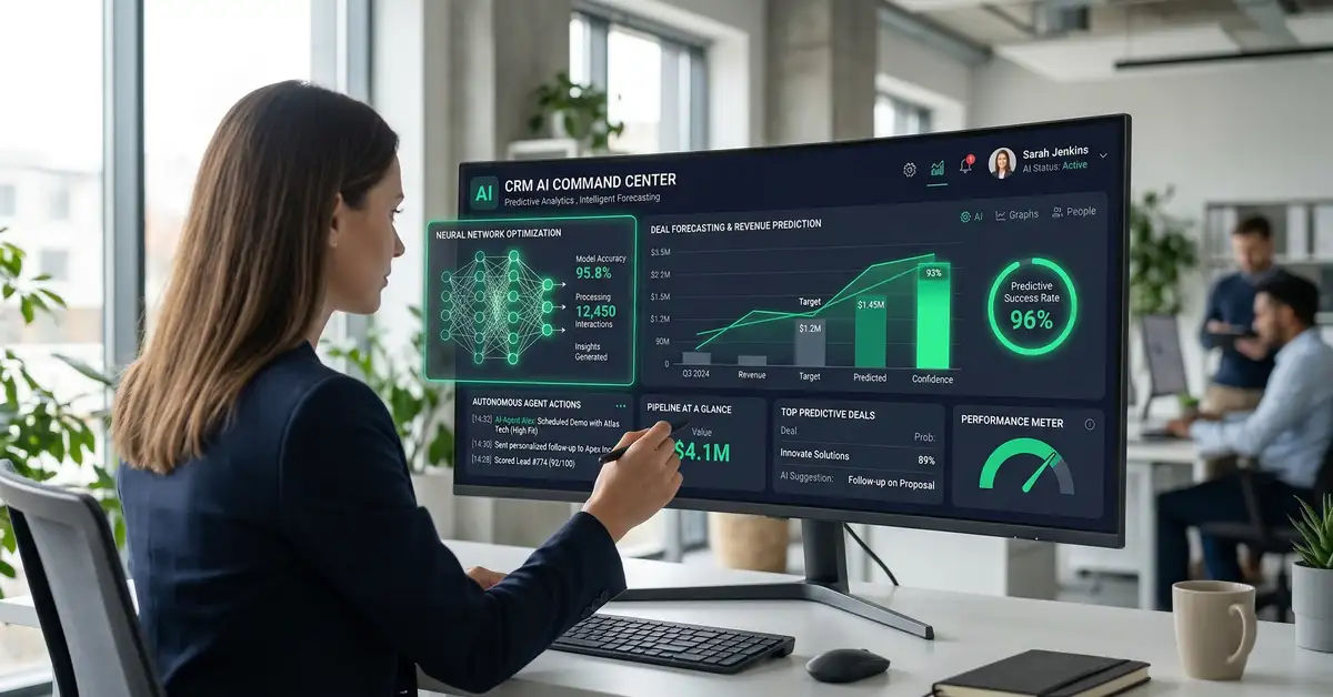 AI-powered CRM interface showing predictive analytics, autonomous agents, and intelligent deal forecasting