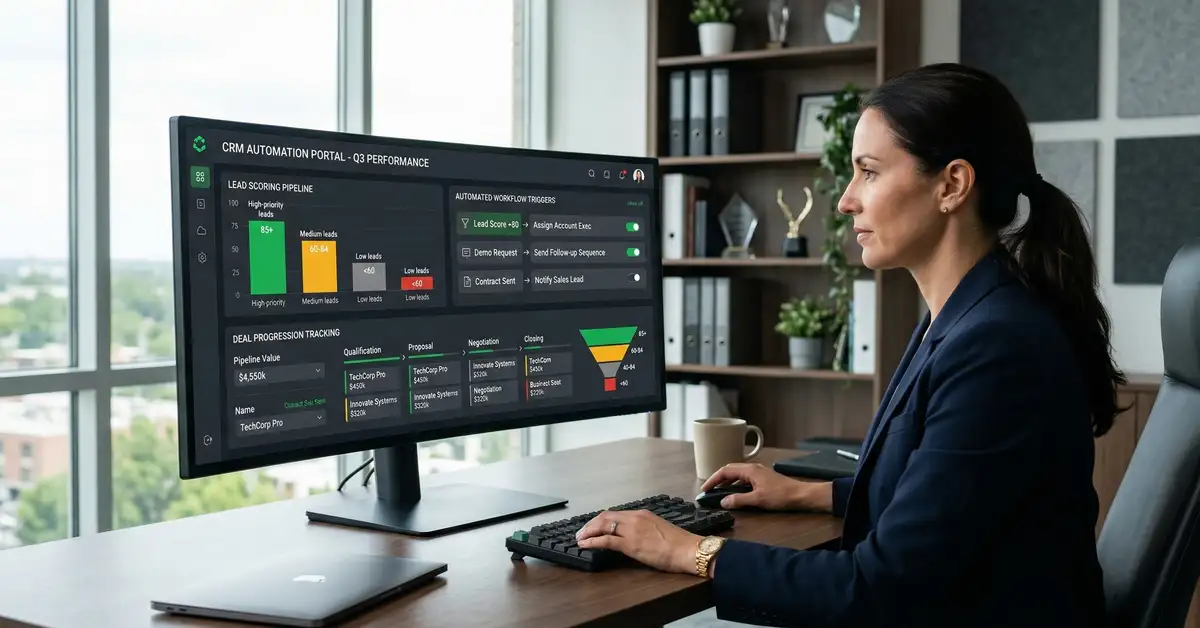 B2B CRM automation dashboard showing lead scoring pipeline with color-coded score tiers, automated workflow triggers, and real-time deal progression tracking
