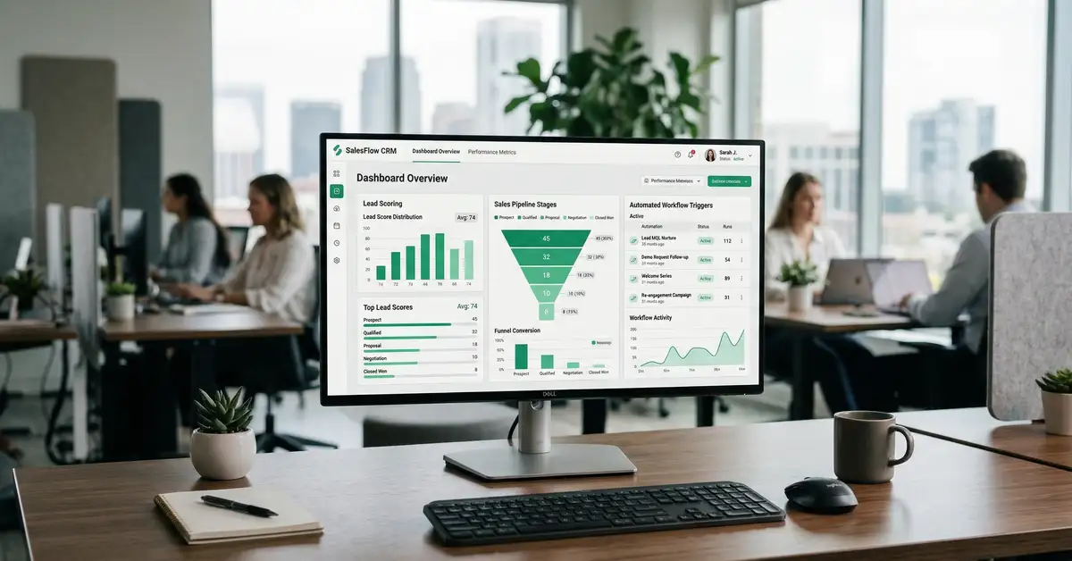 CRM automation dashboard showing lead scoring, pipeline stages, and automated workflow triggers