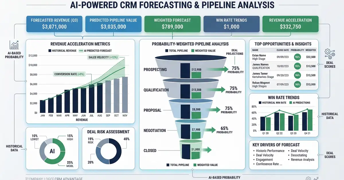 AI-powered CRM forecasting dashboard showing predictive pipeline analysis with probability-weighted deal projections and revenue acceleration metrics