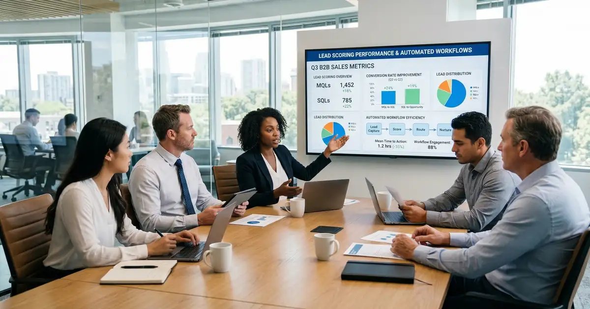 B2B sales team reviewing CRM lead scoring results on screen showing conversion rate improvements and automated workflow metrics in professional office