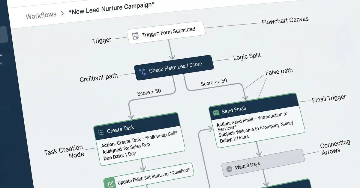 CRM workflow automation builder interface showing conditional branching logic with email triggers and task creation nodes in a modern SaaS flowchart pattern