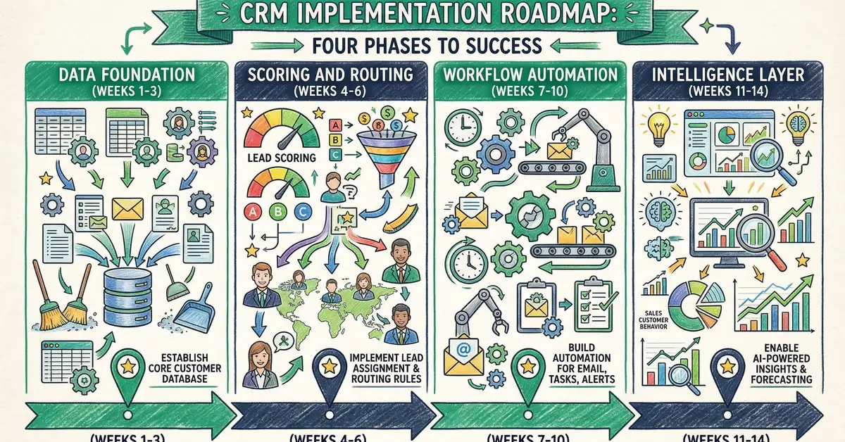 CRM implementation roadmap showing four phases from data foundation to intelligence layer over 14 weeks