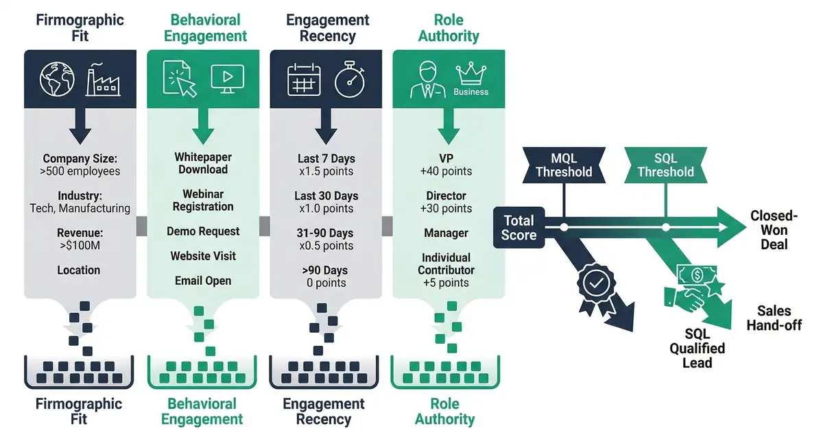 Lead scoring model diagram showing firmographic fit, behavioral engagement, recency, and role authority dimensions