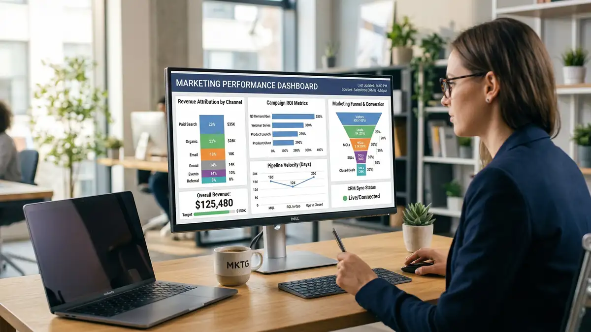 Marketing analytics dashboard showing revenue attribution charts and pipeline velocity metrics from integrated CRM and marketing automation data sources