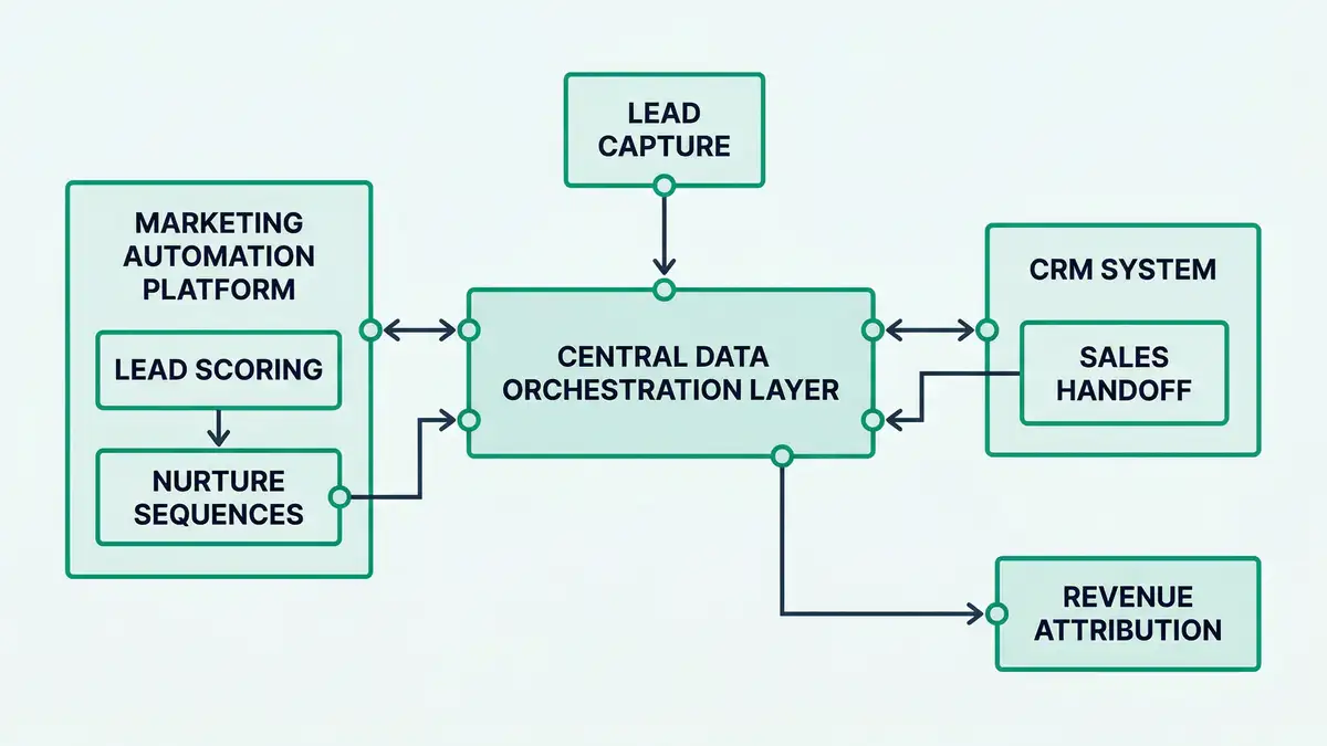 CRM and marketing automation integration architecture infographic showing five connected layers from lead capture through revenue attribution with data flow arrows