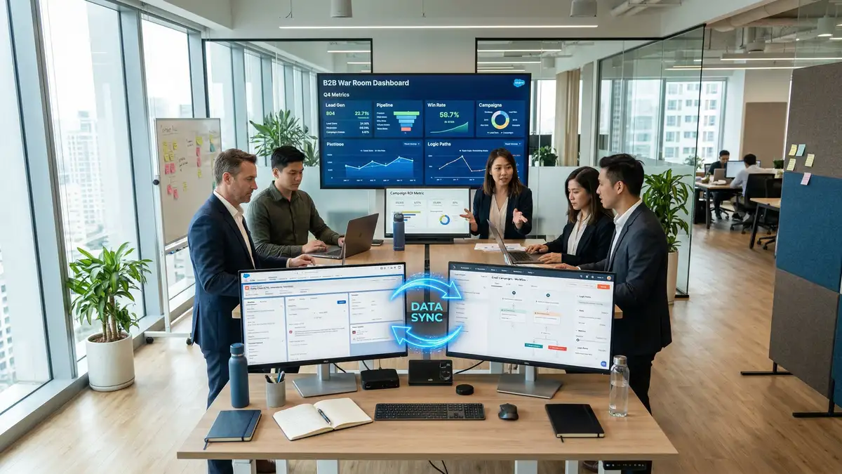 B2B sales and marketing team collaborating in modern war room with CRM dashboards and marketing automation workflows displayed on dual monitors