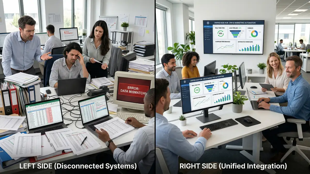 Split-screen comparison of disconnected B2B systems with scattered spreadsheets versus unified CRM and marketing automation integration with clean dashboards