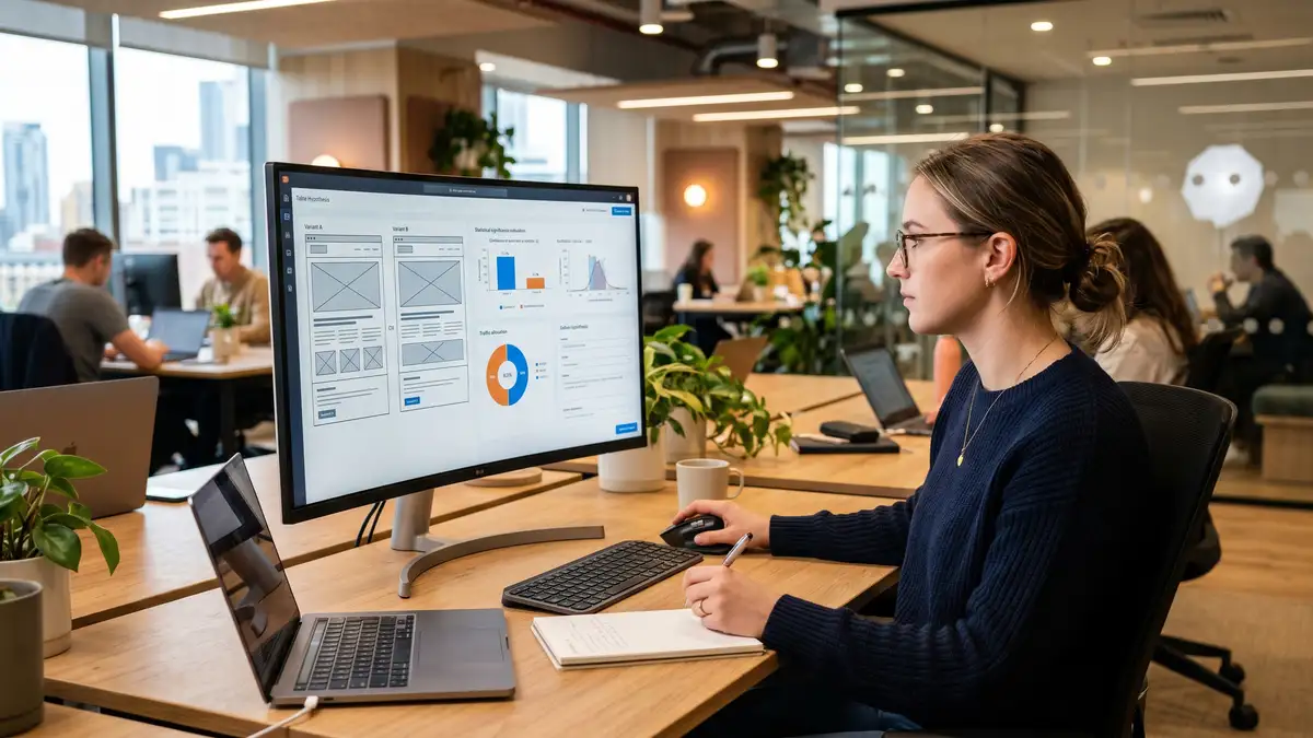 CRO specialist designing A/B test on monitor with variant comparison wireframes and statistical significance calculator
