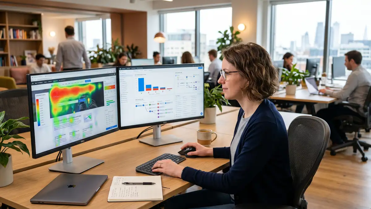 UX researcher reviewing session-replay heatmaps and click-tracking data on dual monitors