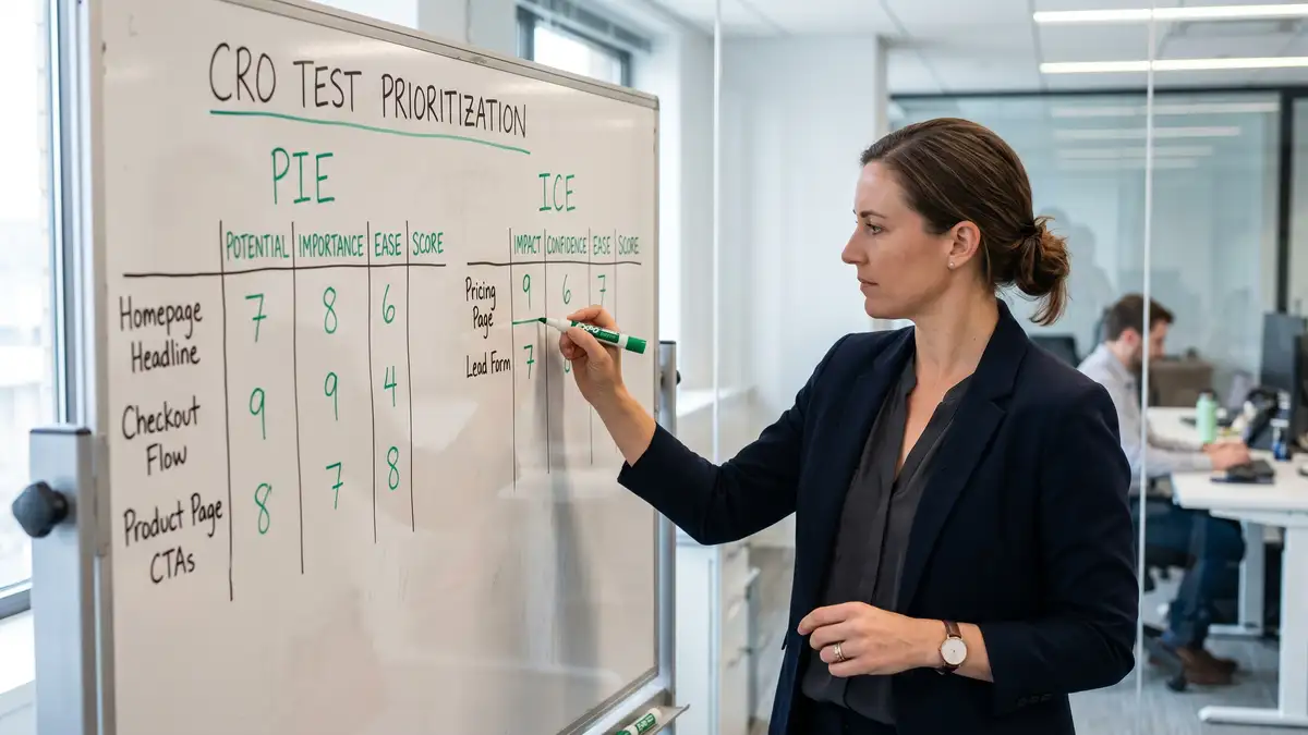 CRO programme manager sketching test prioritization on whiteboard with PIE/ICE framework