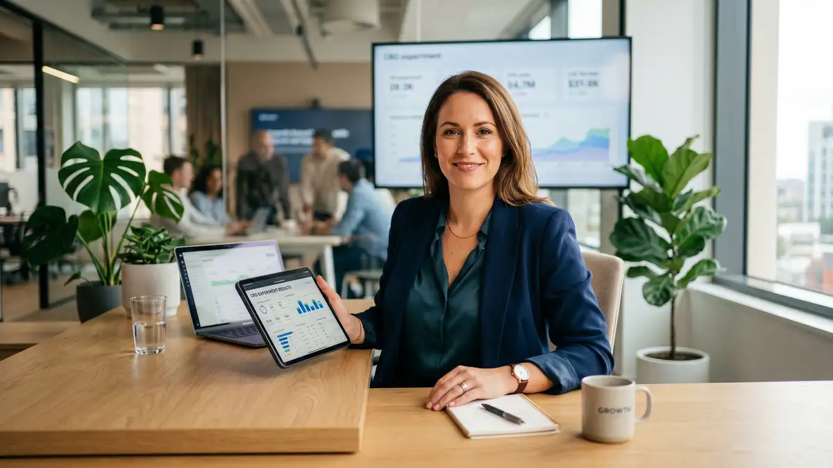 B2B SaaS Head of Growth reviewing CRO experiment dashboard on tablet