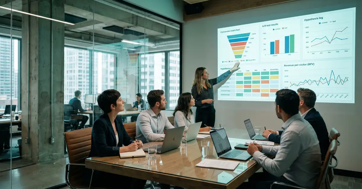 B2B SaaS CRO and product team in a modern boardroom reviewing conversion rate optimization dashboard with funnel-stage charts and A/B test results