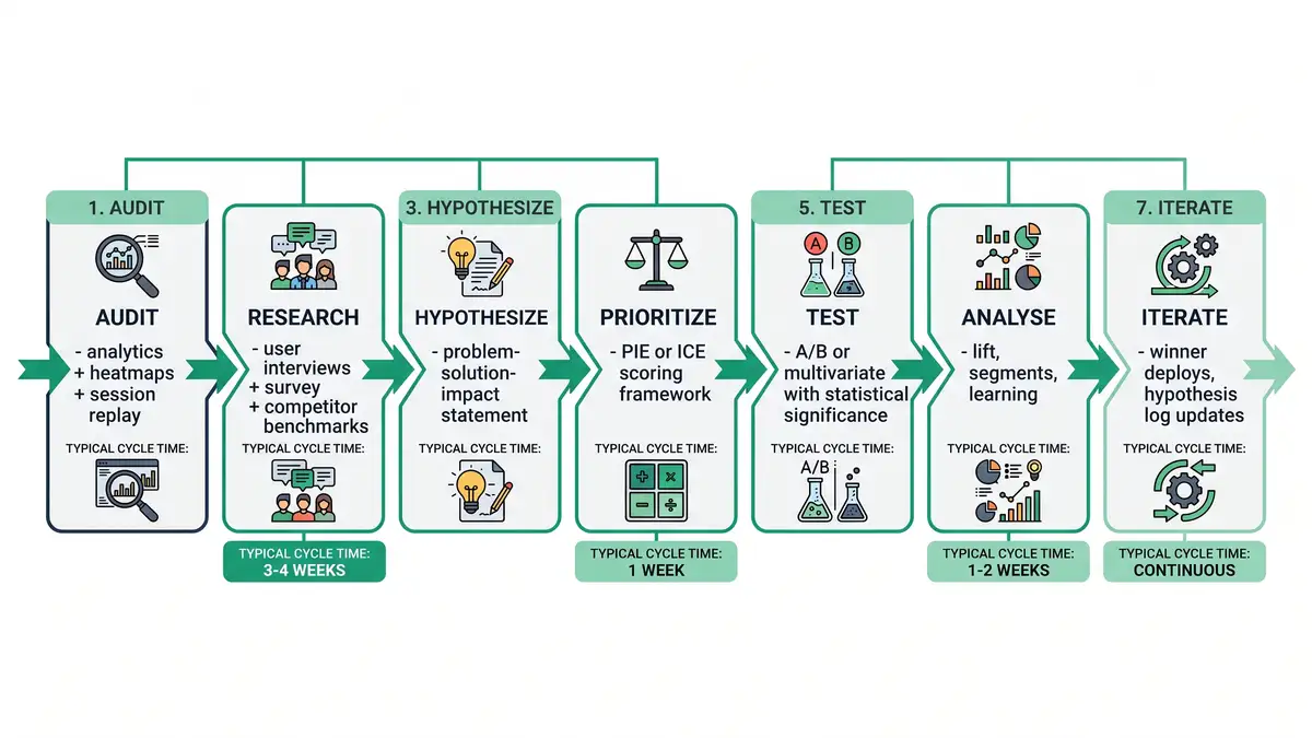 Seven-stage B2B CRO programme infographic showing audit, research, hypothesise, prioritise, test, analyse, iterate workflow