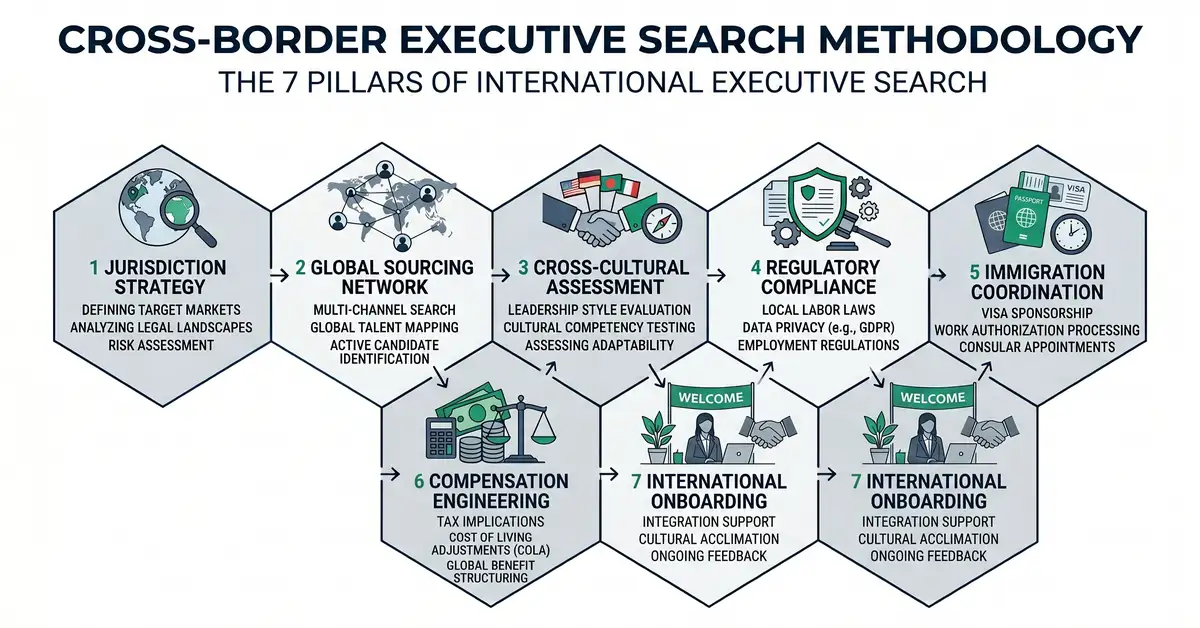 Seven pillars of cross-border executive search methodology infographic