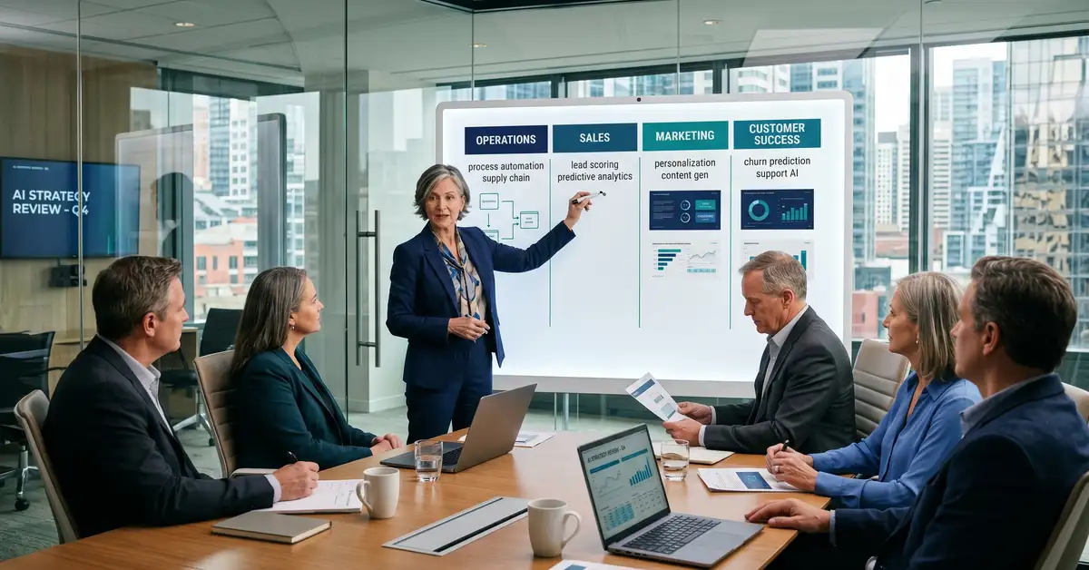 Cross-functional B2B executive team reviewing AI strategy with fractional Chief AI Officer in modern glass boardroom