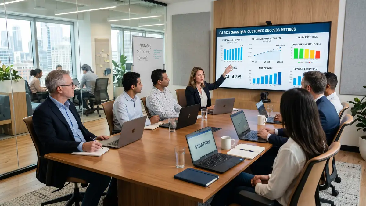 SaaS executive team reviewing customer success metrics in QBR meeting