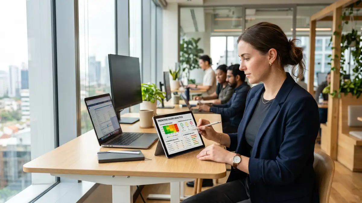RevOps analyst reviewing predictive churn analytics on tablet