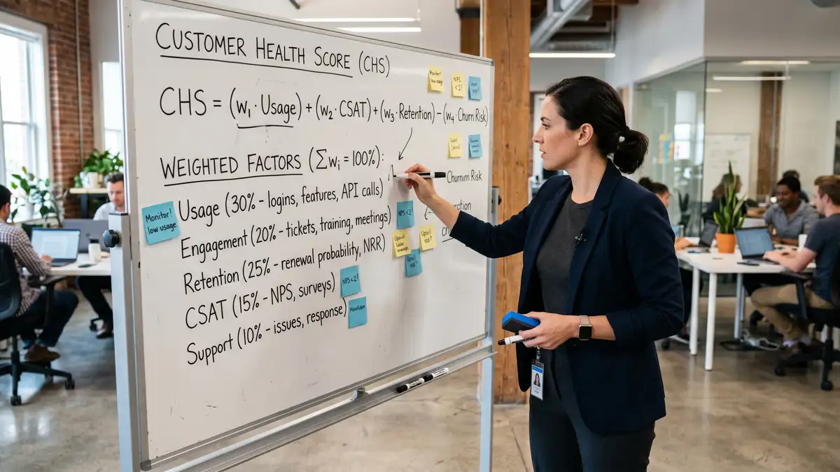 Customer success leader sketching health score formula on whiteboard