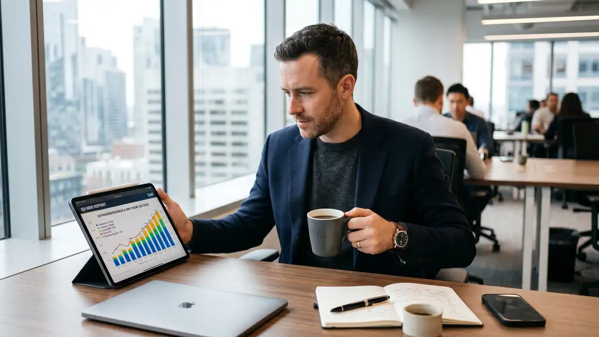 SaaS founder reviewing quarterly NRR report on tablet