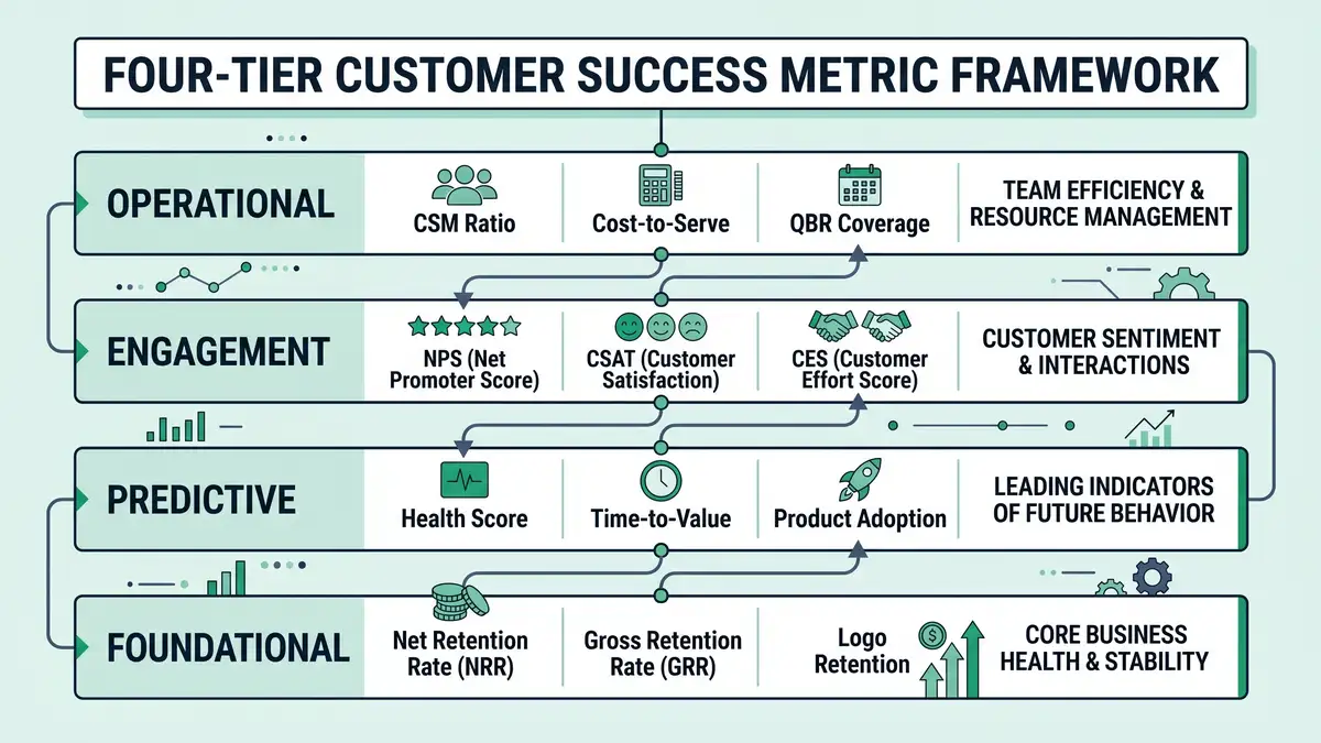 Four-tier customer success metric framework infographic