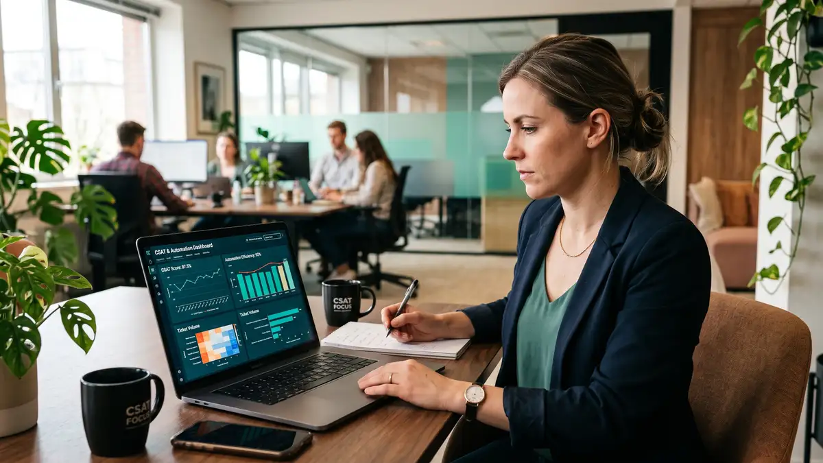 Support manager reviewing customer service automation metrics and CSAT dashboards on a laptop