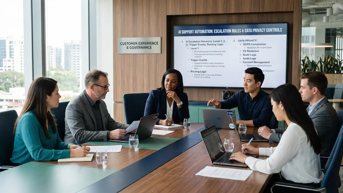 Customer experience and governance team reviewing AI escalation rules and data privacy controls