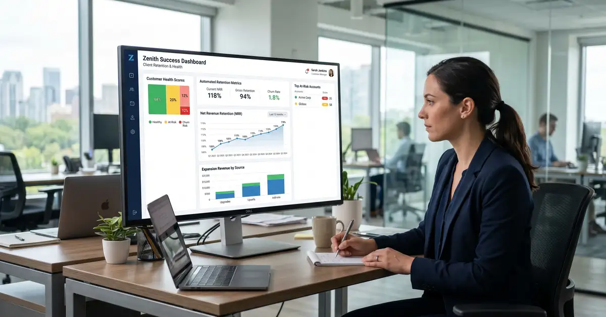 Customer success automation hero showing AI-driven retention and expansion systems for B2B SaaS companies