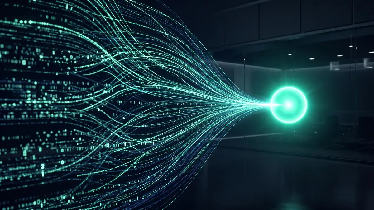 Abstract visualization of many data streams converging into a single clear focal point, representing data-driven decision making