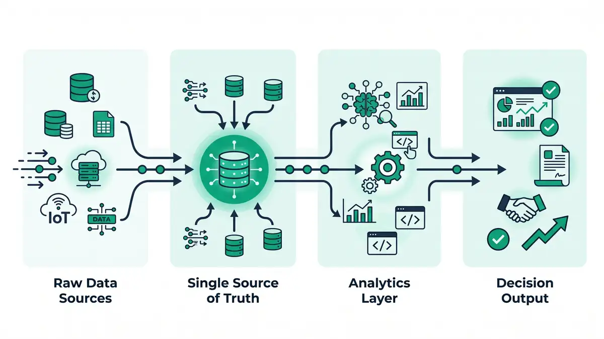 Data-to-decision pipeline infographic showing raw data sources, single source of truth, analytics, and decision output in teal green and navy
