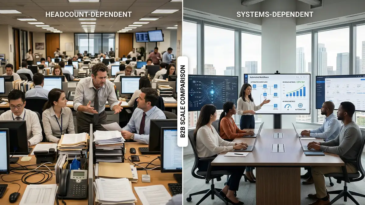 Split-screen comparison of headcount-dependent versus systems-dependent B2B business scaling models showing operational efficiency