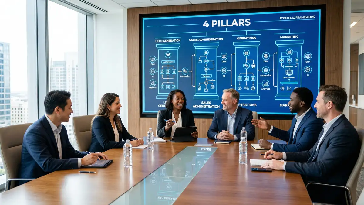 B2B executives in modern boardroom reviewing four pillars framework diagram for scaling revenue without headcount growth