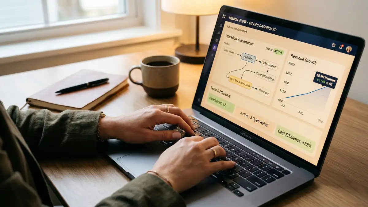 Founder reviewing AI automation dashboard showing revenue growth metrics with lean team operations