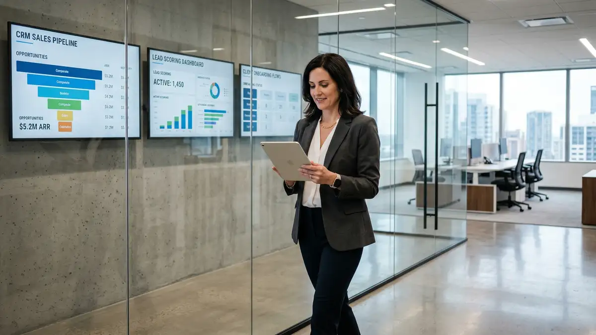 Executive reviewing automated CRM pipelines and onboarding flows in modern lean office for scaling without headcount