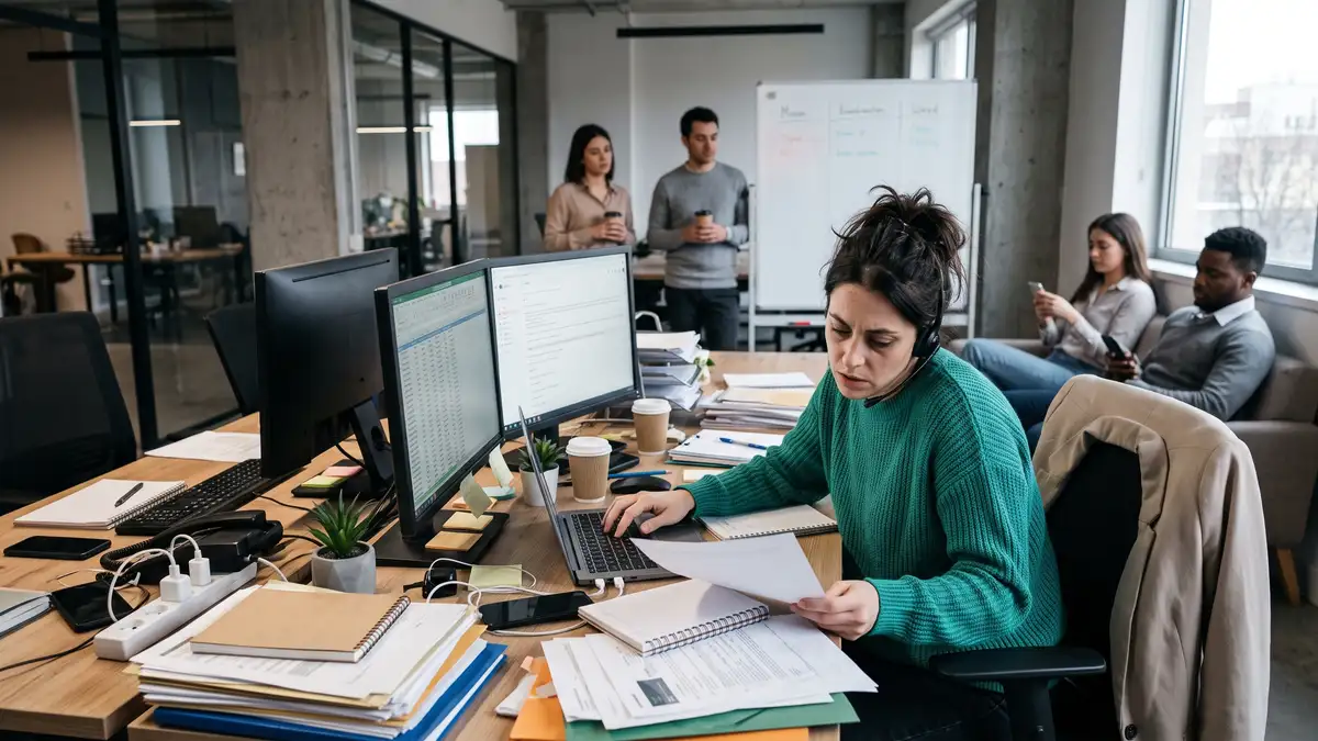 Overworked consultant founder trying to do everything alone at a cluttered desk while team members wait idle, showing the bottleneck of poor delegation