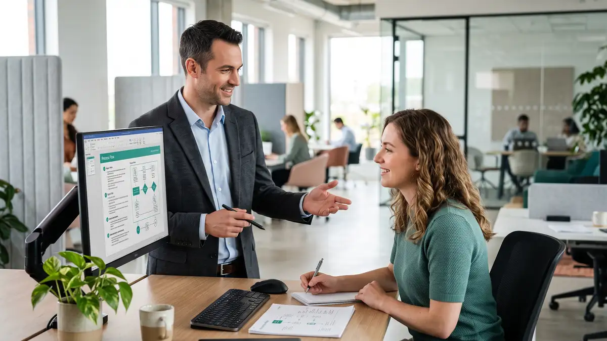 Consultant walking a team member through a written standard operating procedure on a screen during a calm handover and training moment