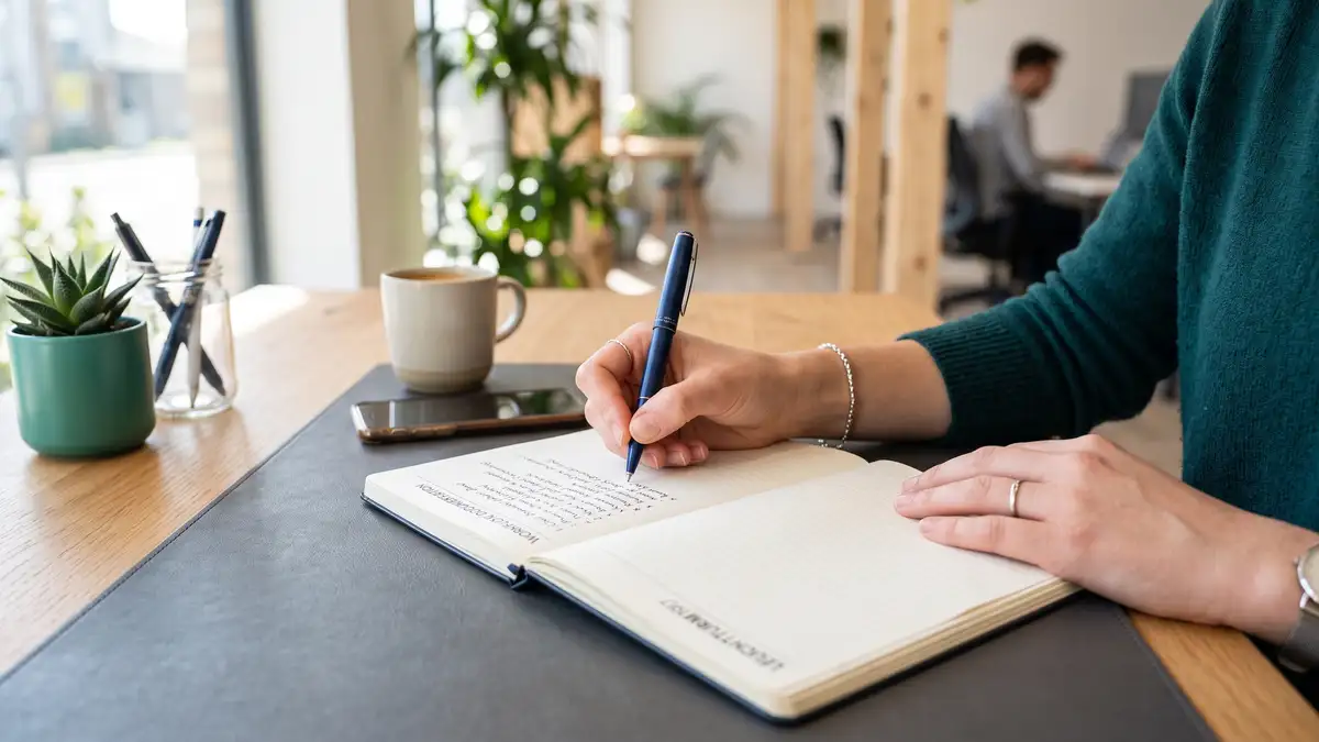 A founder's hands writing a clear checklist and process document at a tidy desk, documenting a workflow before handing it off