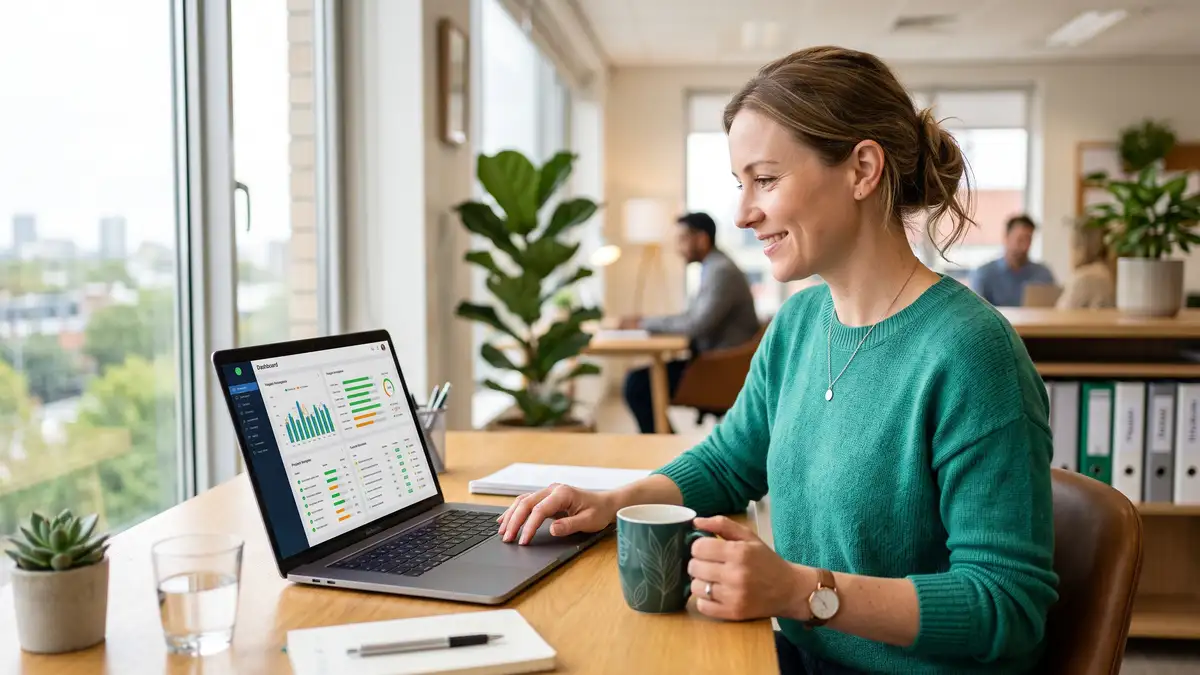 A relaxed consultant reviewing a dashboard of delegated work running smoothly on a laptop, trusting the system