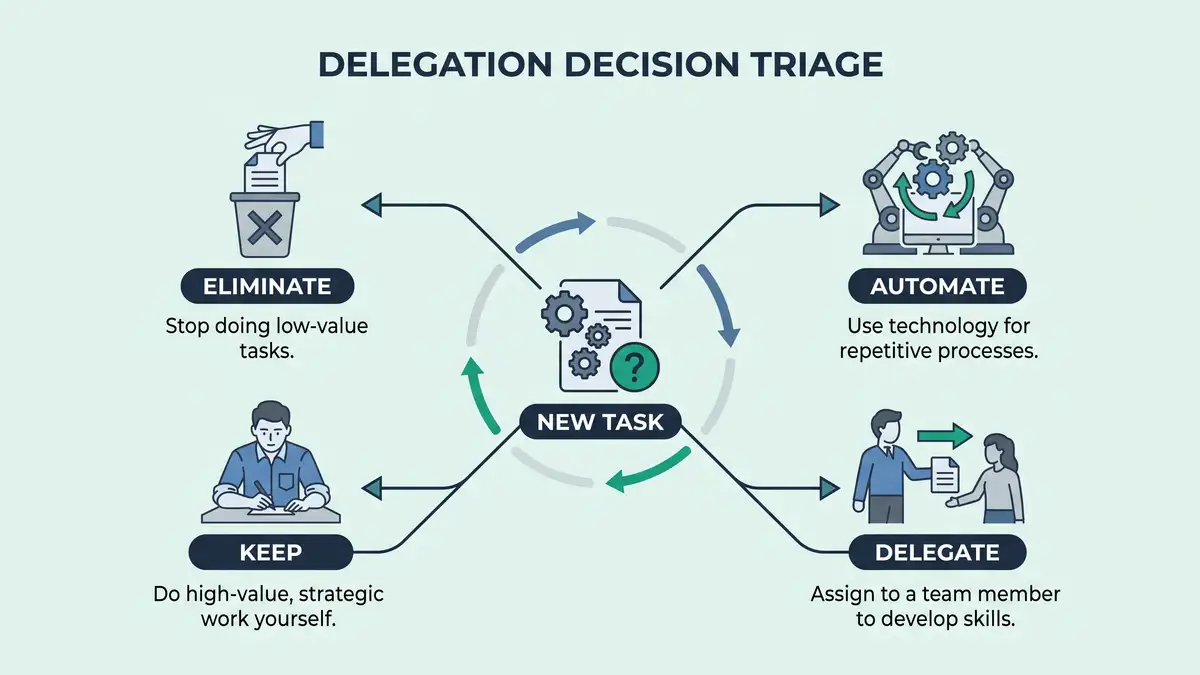 Infographic of a delegation decision triage sorting each task into eliminate, automate, delegate, or keep
