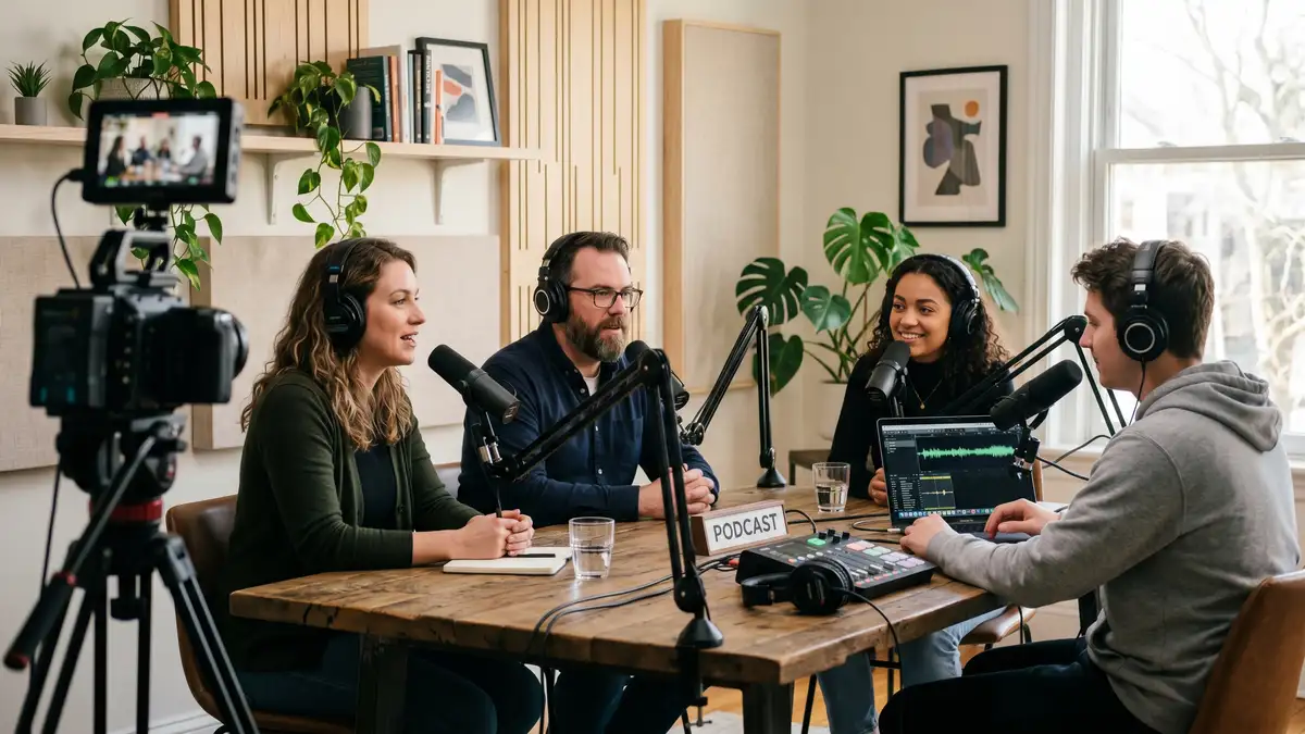 B2B SaaS content team recording a podcast in a modern studio with guest microphones and video cameras during demand-gen production session
