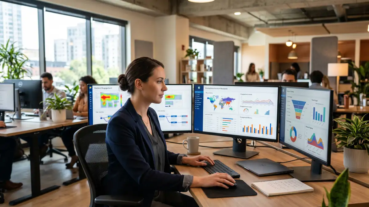 Marketing operations specialist reviewing intent-data dashboards and content engagement heatmaps across multiple monitors during demand-gen activation work
